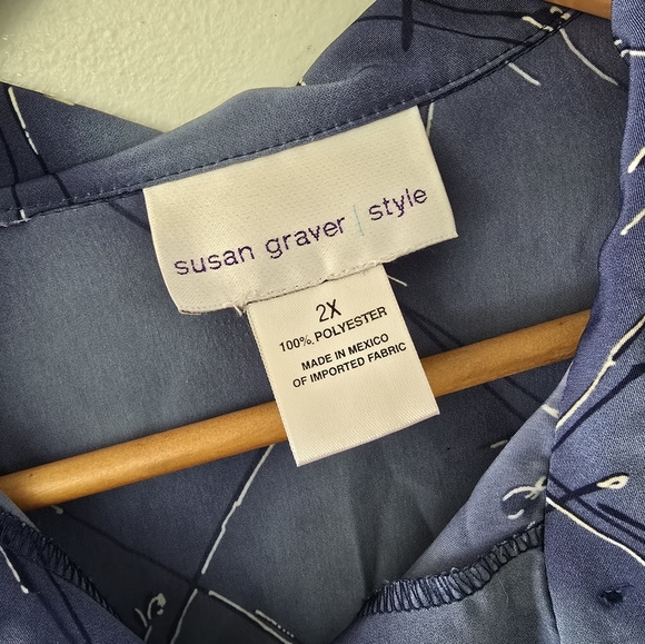 SUSAN GRAVER Style Woman's Size 2X Long Sleeve Button Up Shirt Blue Floral - Picture 2 of 8